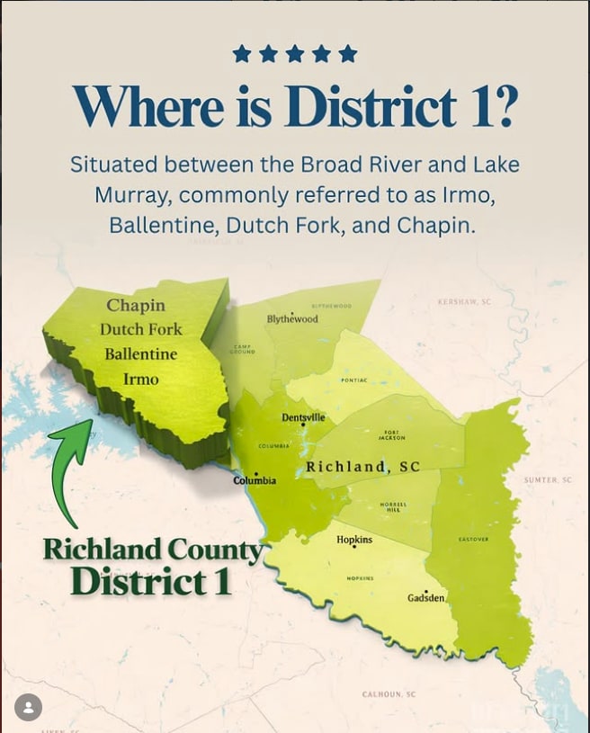 Where is District 1? Situated between the Broad River and Lake Murray — Irmo, Ballentine, Dutch Fork, and Chapin